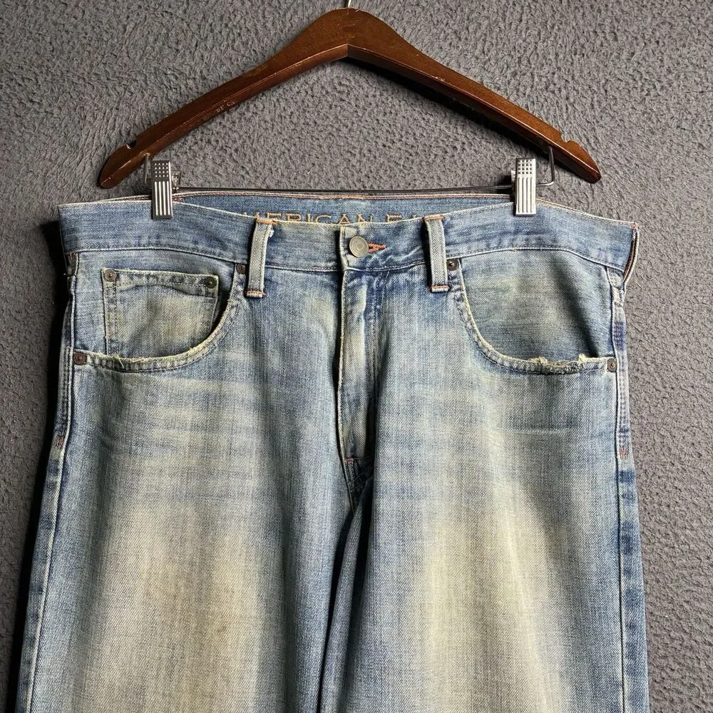 VTG American Eagle Jeans Mens Bootcut 36x30 Light Wash Whiskered Y2K